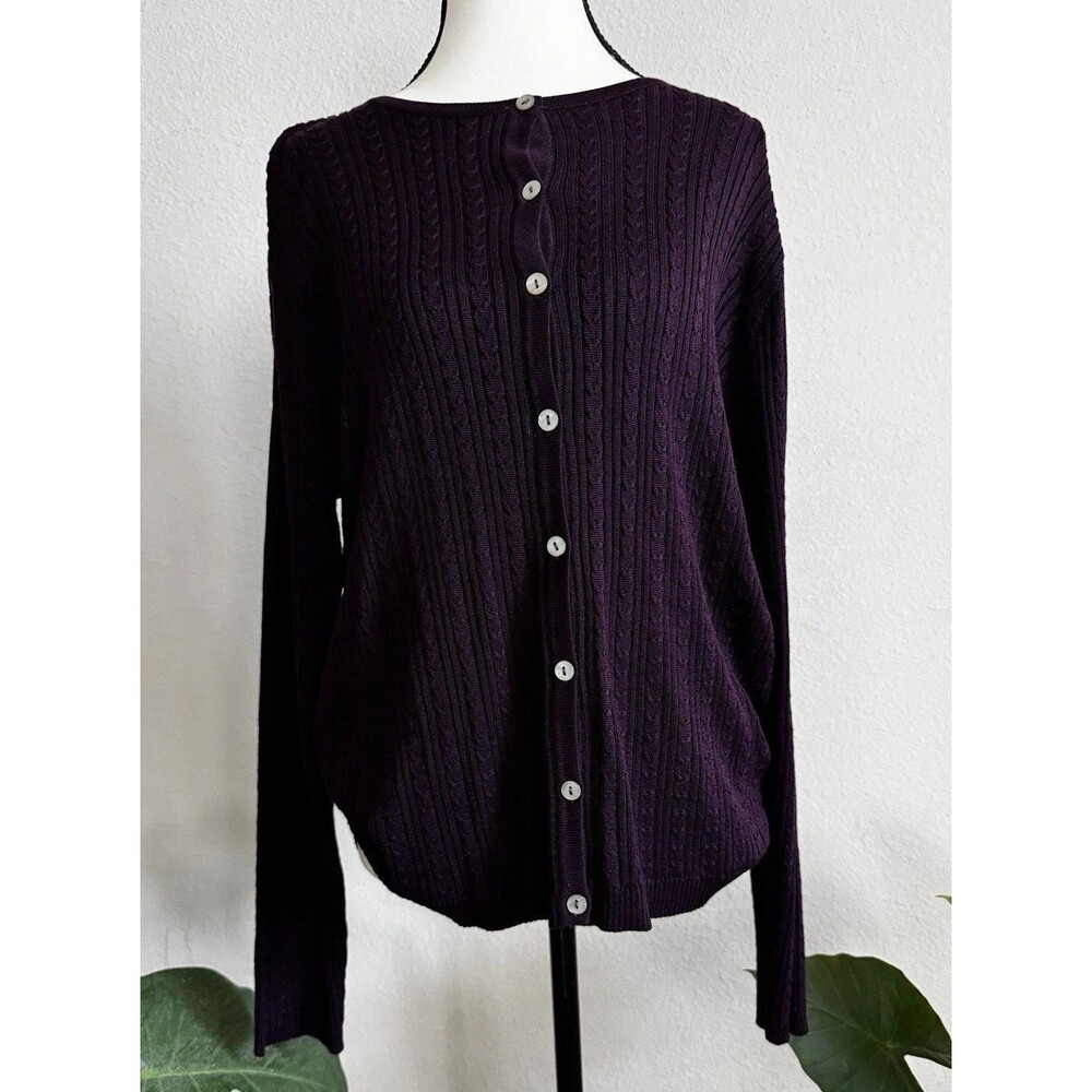 Vintage Talbots 100% Silk Cable Knit Cardigan Sweater Size L Purple Back Button